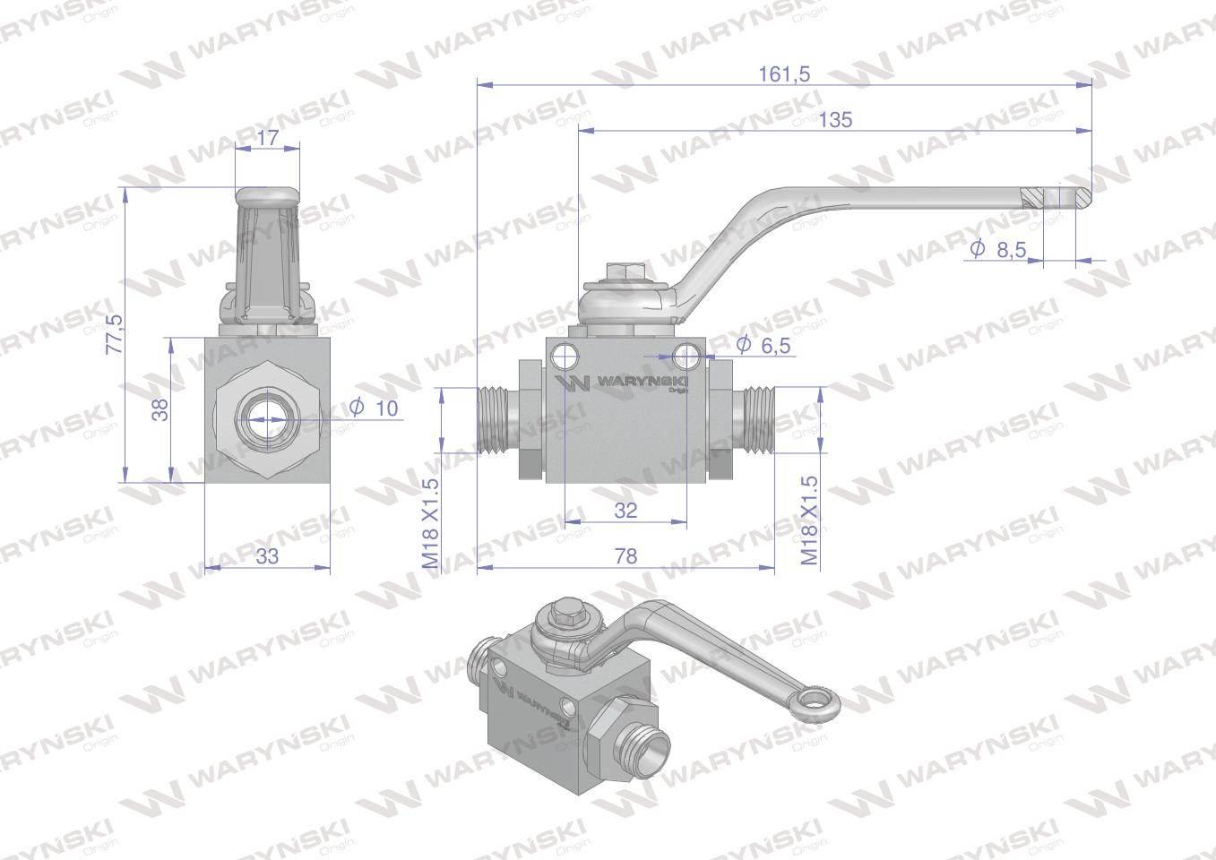 Zawór kulowy hydrauliczny 2-drogowy 2/2 M18x1.5 12L z otworami mocującymi 5 - zdjęcie 4