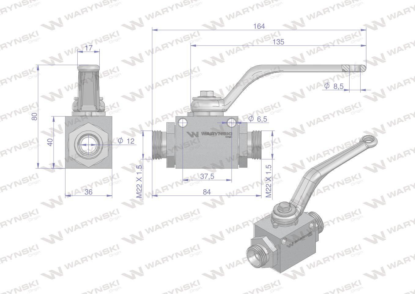 Zawór kulowy hydrauliczny 2-drogowy 2/2 M22x1.5 15L z otworami mocującymi 5 - zdjęcie 4