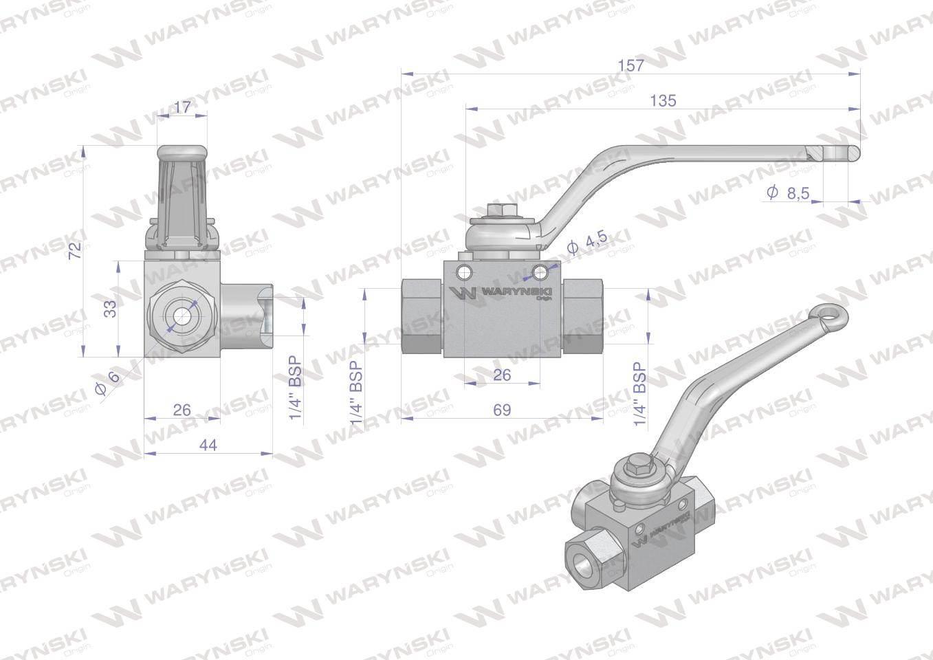 Zawór kulowy hydrauliczny 3-drogowy 3/2 - 1/4"BSP z otworami mocującymi 500 - zdjęcie 2
