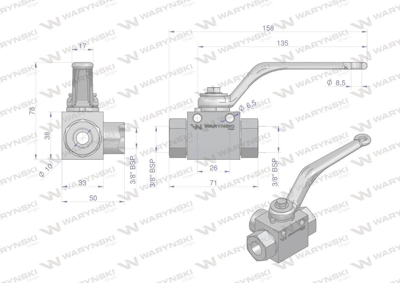 Zawór kulowy hydrauliczny 3-drogowy 3/2 - 3/8"BSP z otworami mocującymi 500 - zdjęcie 2