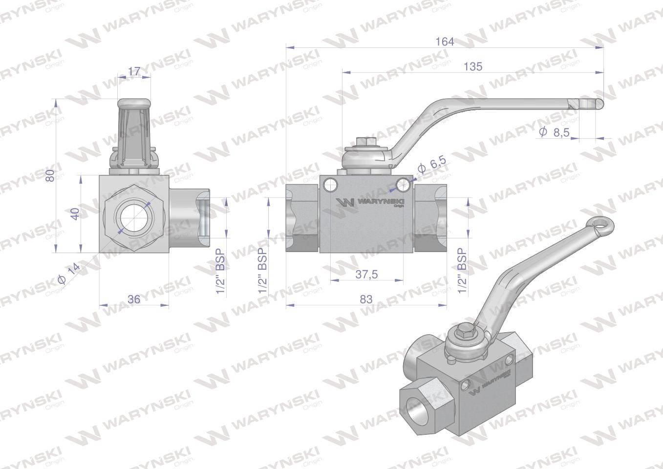 Zawór kulowy hydrauliczny 3-drogowy 3/2 - 1/2"BSP z otworami mocującymi 500 - zdjęcie 2