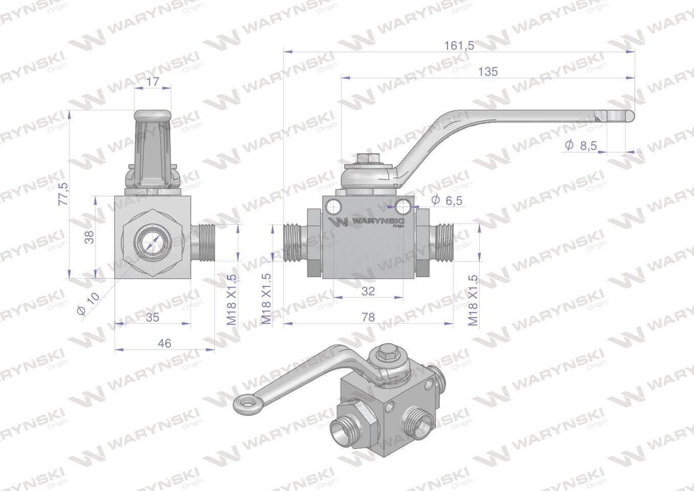 Zawór kulowy hydrauliczny 3-drogowy 3/2 M18x1.5 12L z otworami mocującymi 5 - zdjęcie 5