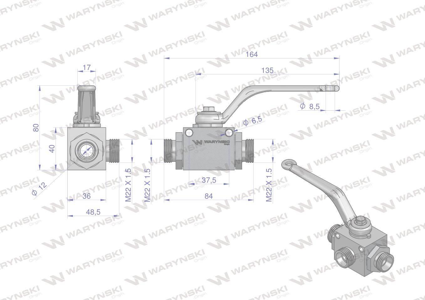 Zawór kulowy hydrauliczny 3-drogowy 3/2 M22x1.5 15L z otworami mocującymi 5 - zdjęcie 5