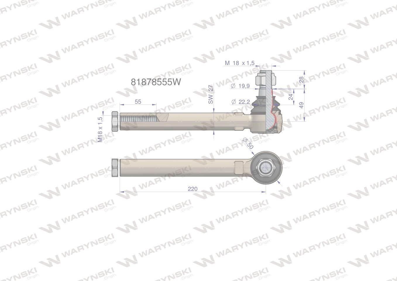 Przegub kierowniczy 220mm- M18x1,5 81878555 WARYŃSKI 81878555W - zdjęcie 2