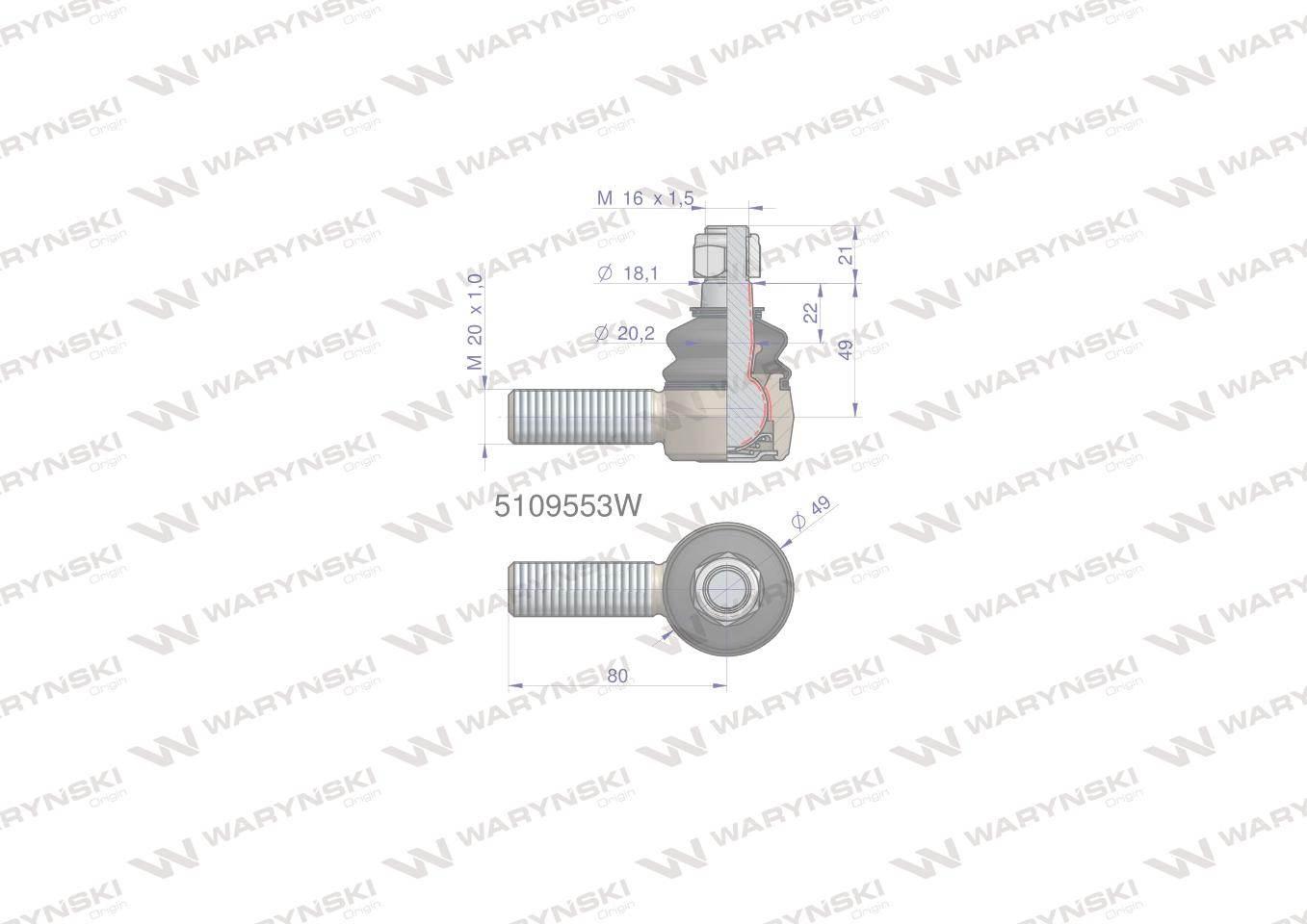 Przegub kierowniczy 80mm- M20x1 5109553 WARYŃSKI 5109553W - zdjęcie 2