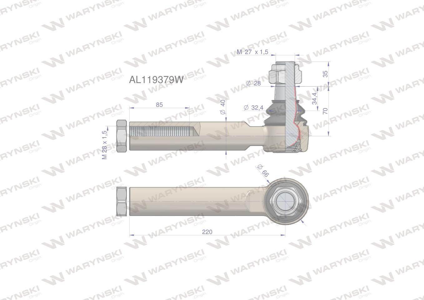 Przegub kierowniczy 220mm- M28x1,5 AL119379 WARYŃSKI AL119379W - zdjęcie 4