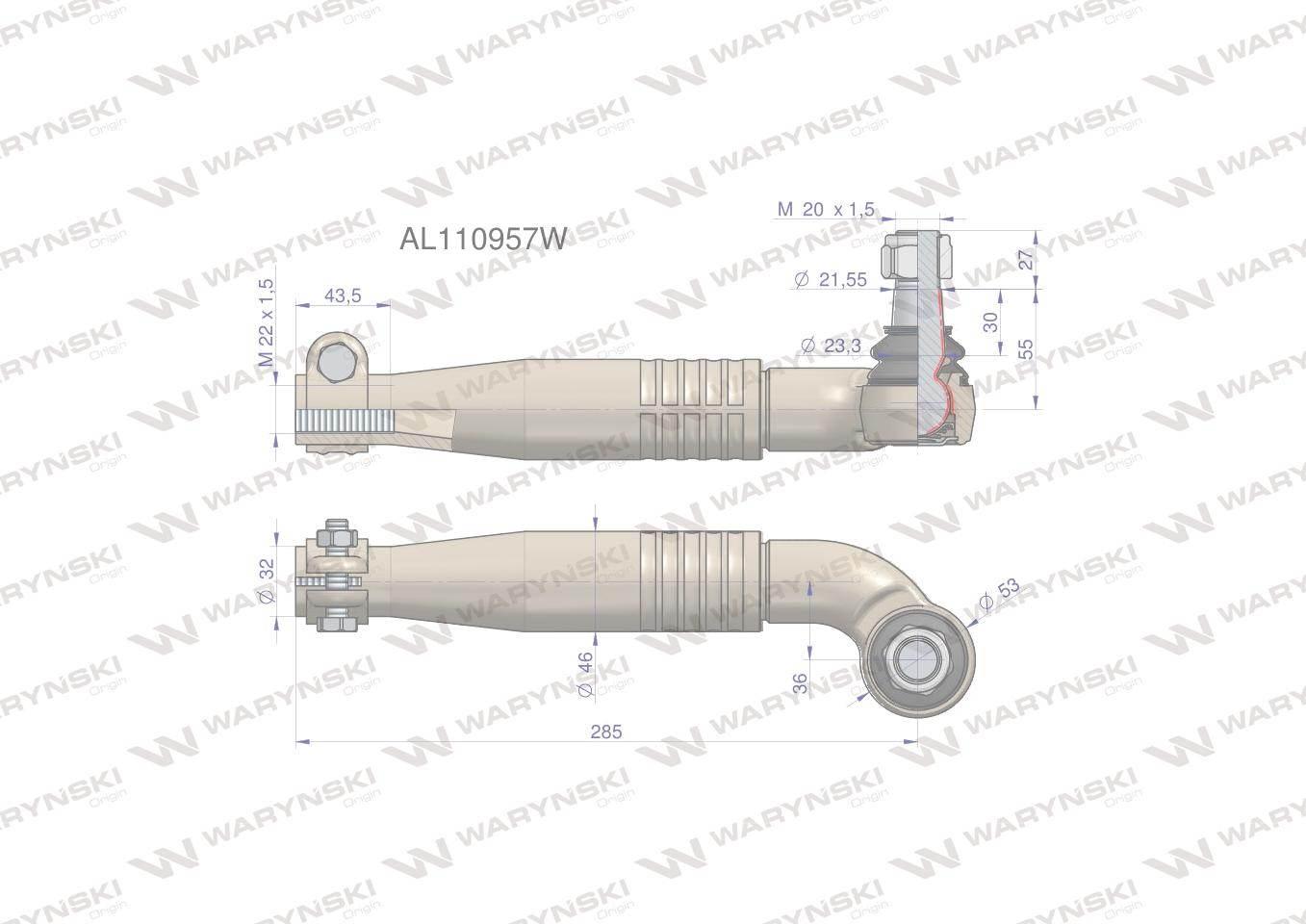 Przegub kierowniczy lewy 285mm- M22x1,5 AL110957 WARYŃSKI AL110957W - zdjęcie 4