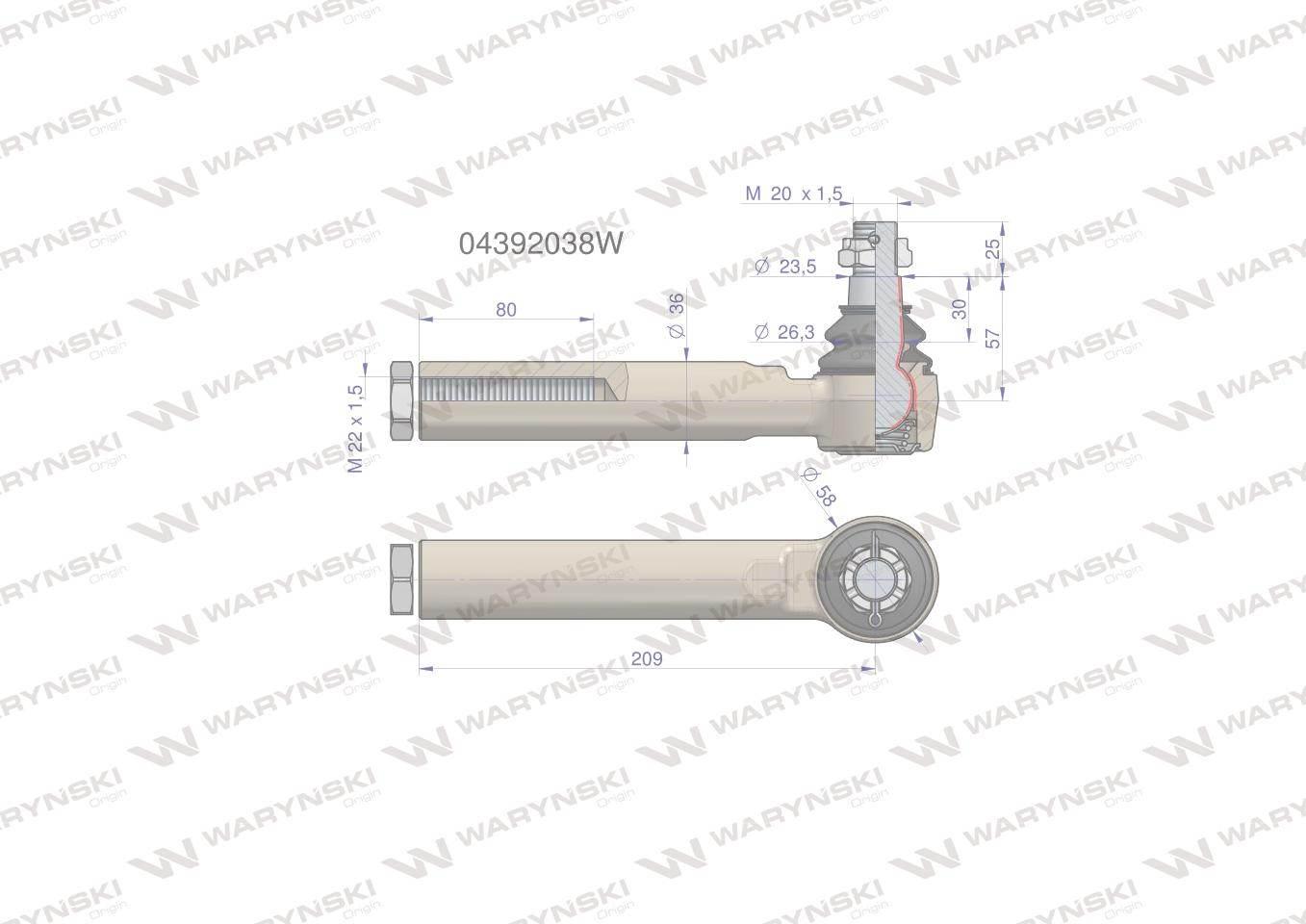 Przegub kierowniczy 209mm- M22x1,5 04392038, 04358286 WARYŃSKI 04392038W - zdjęcie 2