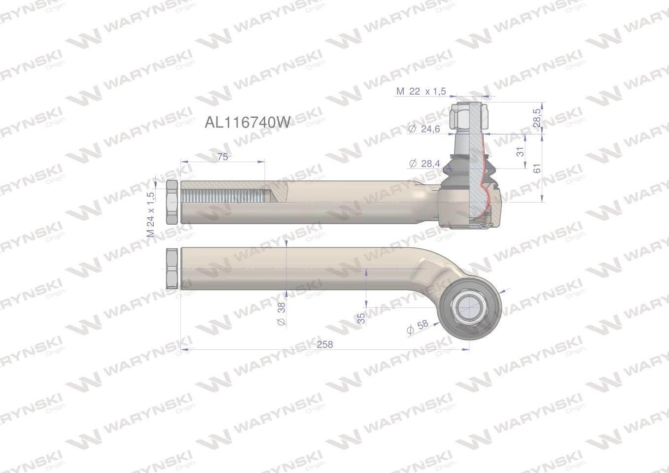Przegub kierowniczy lewy 258mm- 24x1,5 AL116740 WARYŃSKI AL116740W - zdjęcie 4