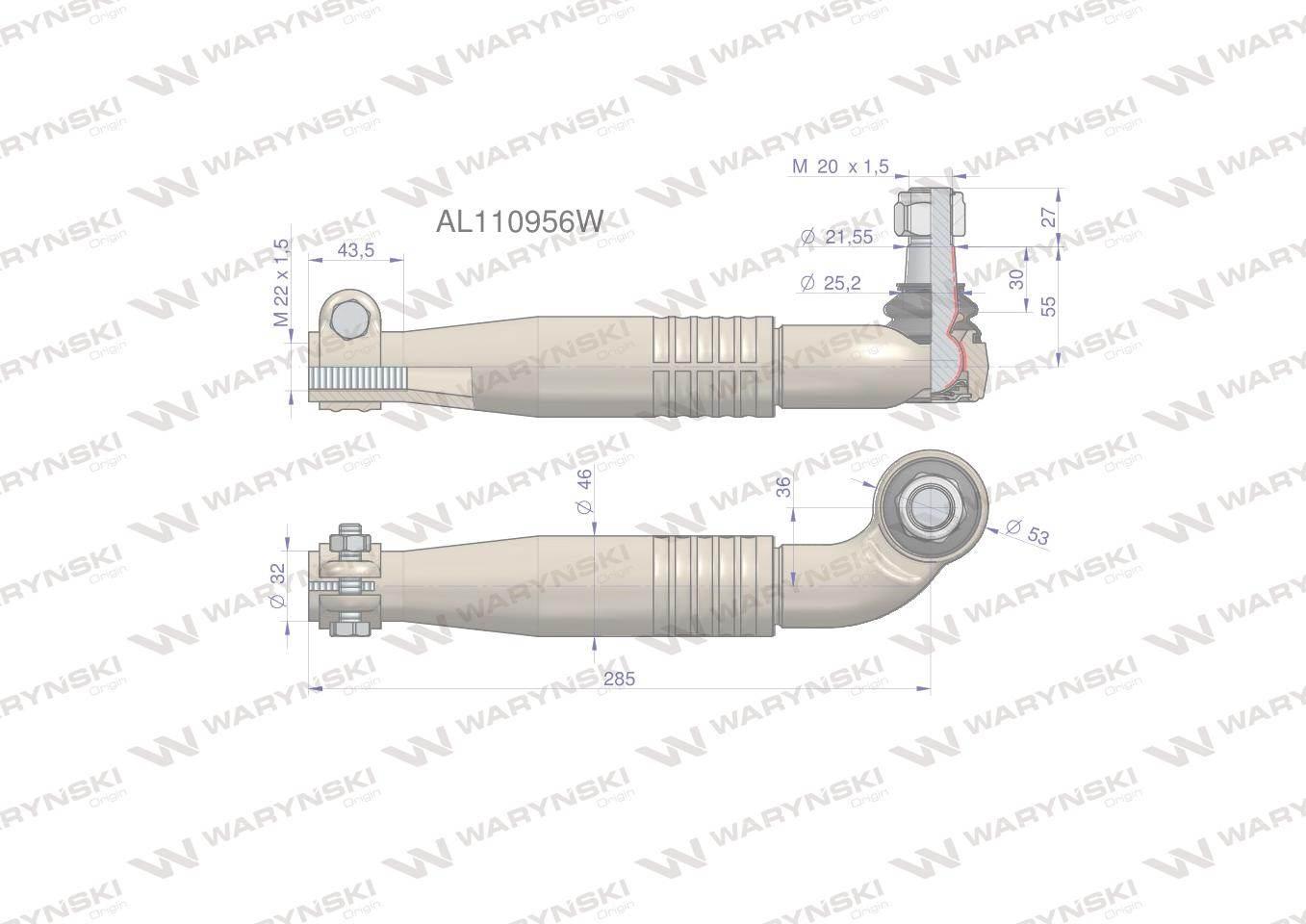 Przegub kierowniczy prawy 285mm- M22x1,5 AL110956 WARYŃSKI AL110956W - zdjęcie 2