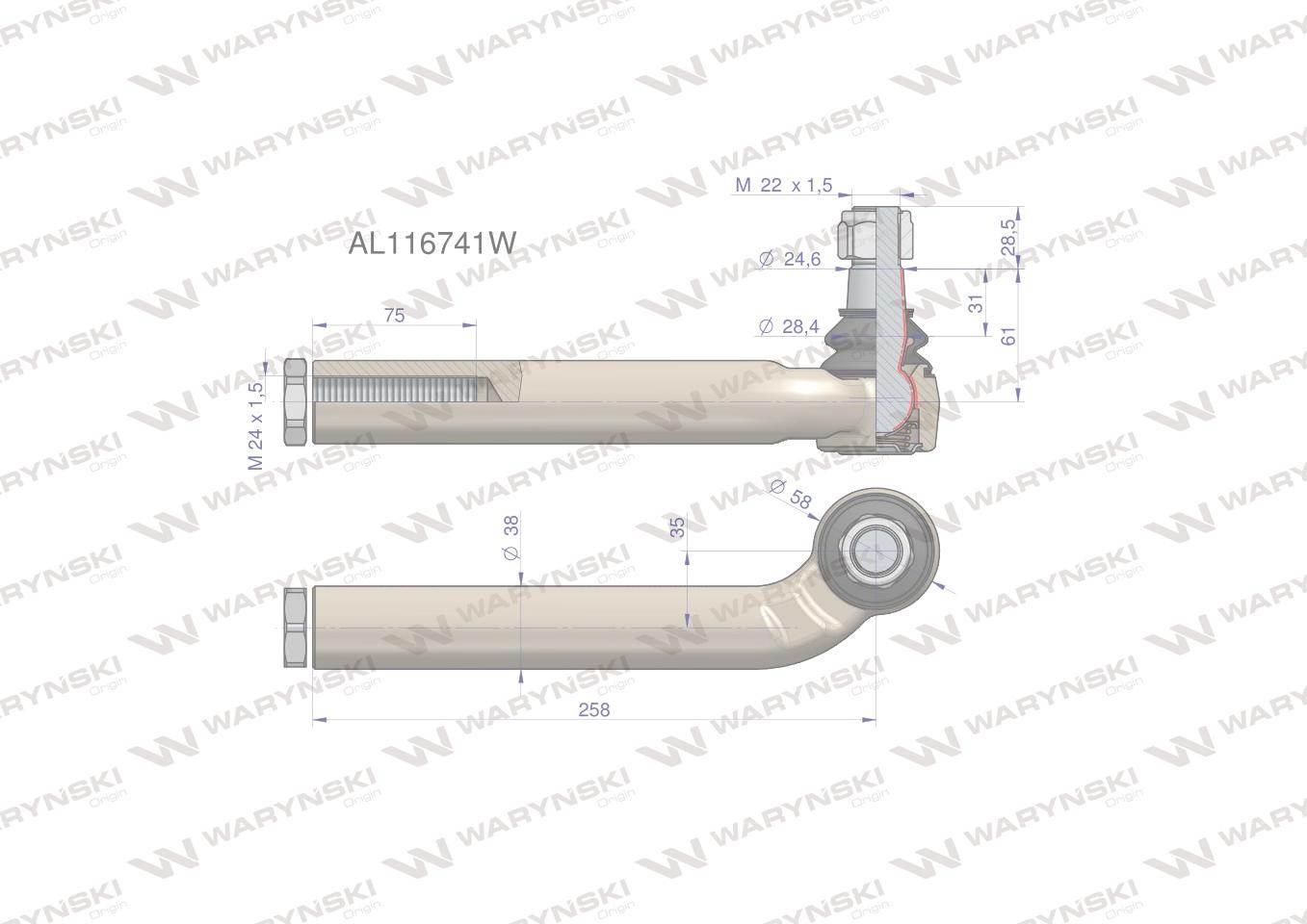 Przegub kierowniczy prawy 258mm- M24x1,5 AL116741 WARYŃSKI AL116741W - zdjęcie 2