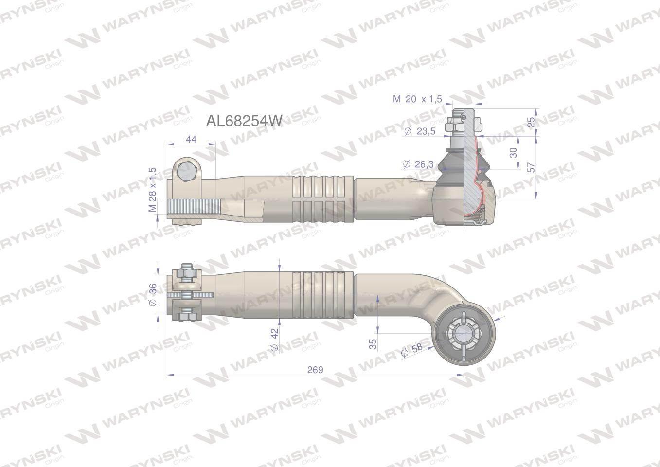 Przegub kierowniczy lewy 269mm- M28x1,5 AL68254 WARYŃSKI AL68254W - zdjęcie 4