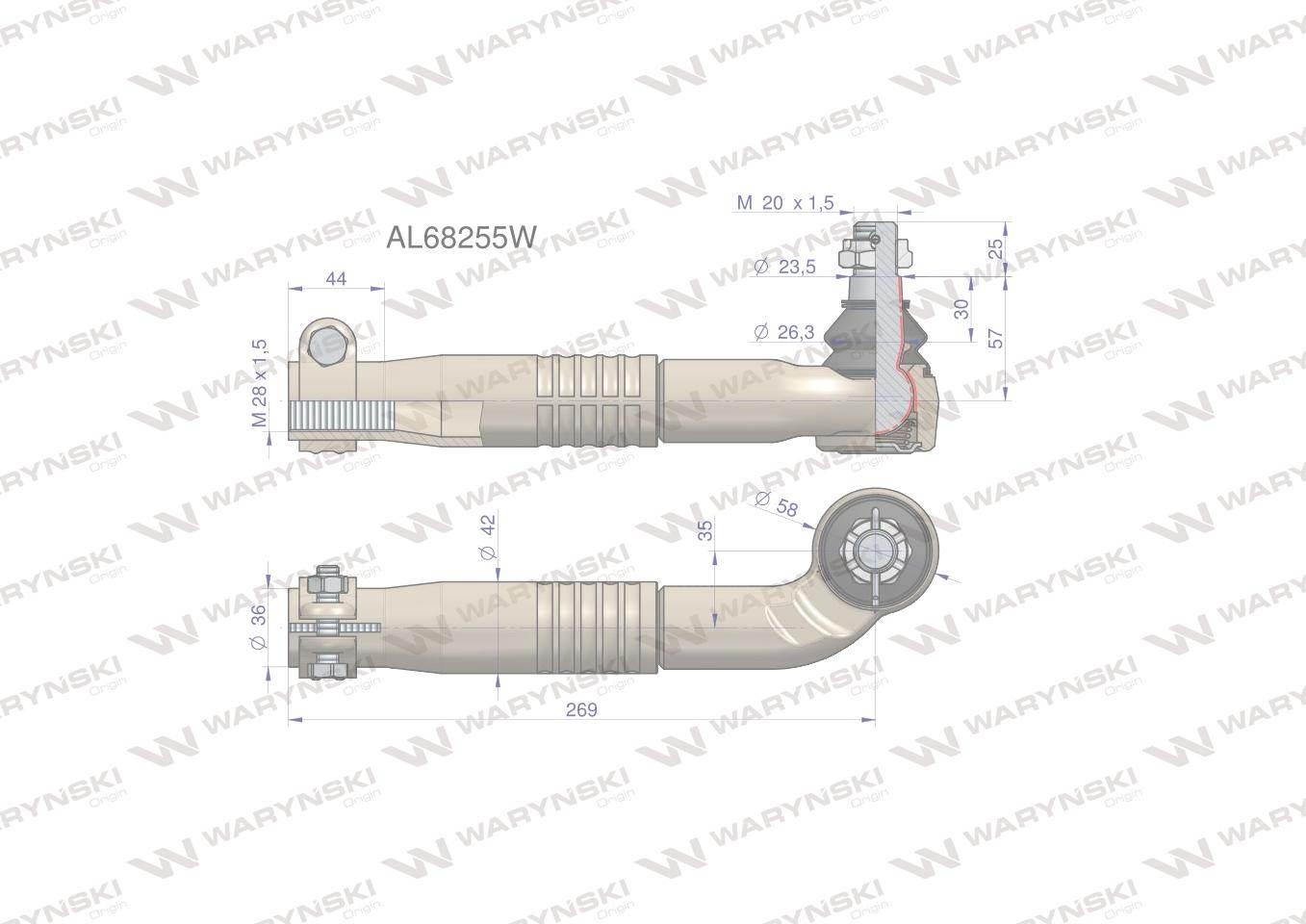 Przegub kierowniczy prawy 269mm- M28x1,5 AL68255 WARYŃSKI AL68255W - zdjęcie 4