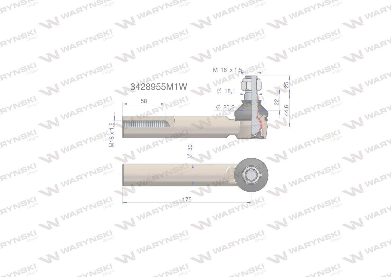 Przegub kierowniczy 175mm- M18x1,5 3428955M1 WARYŃSKI 3428955M1W - zdjęcie 2