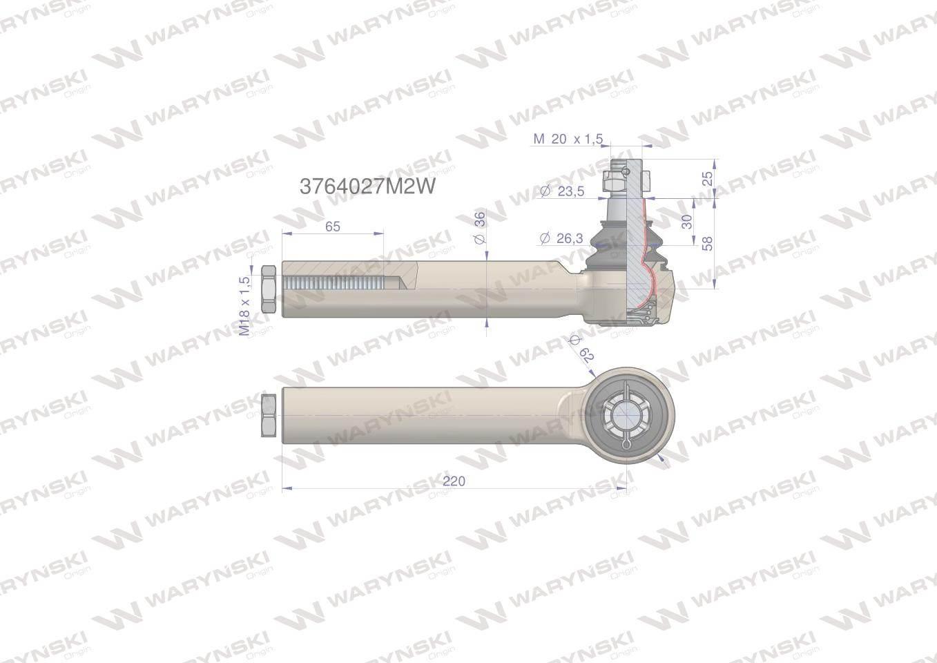 Przegub kierowniczy 220mm- M18x1,5 3764027M2 WARYŃSKI 3764027M2W - zdjęcie 2