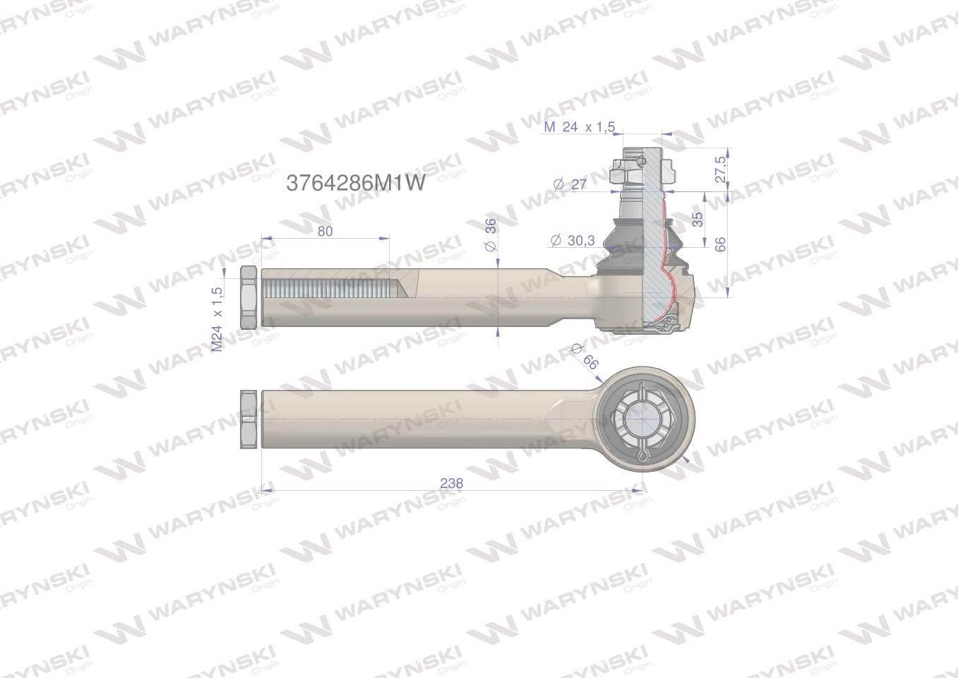Przegub kierowniczy 238mm- M24x1,5 WARYŃSKI 3764286M1W - zdjęcie 2