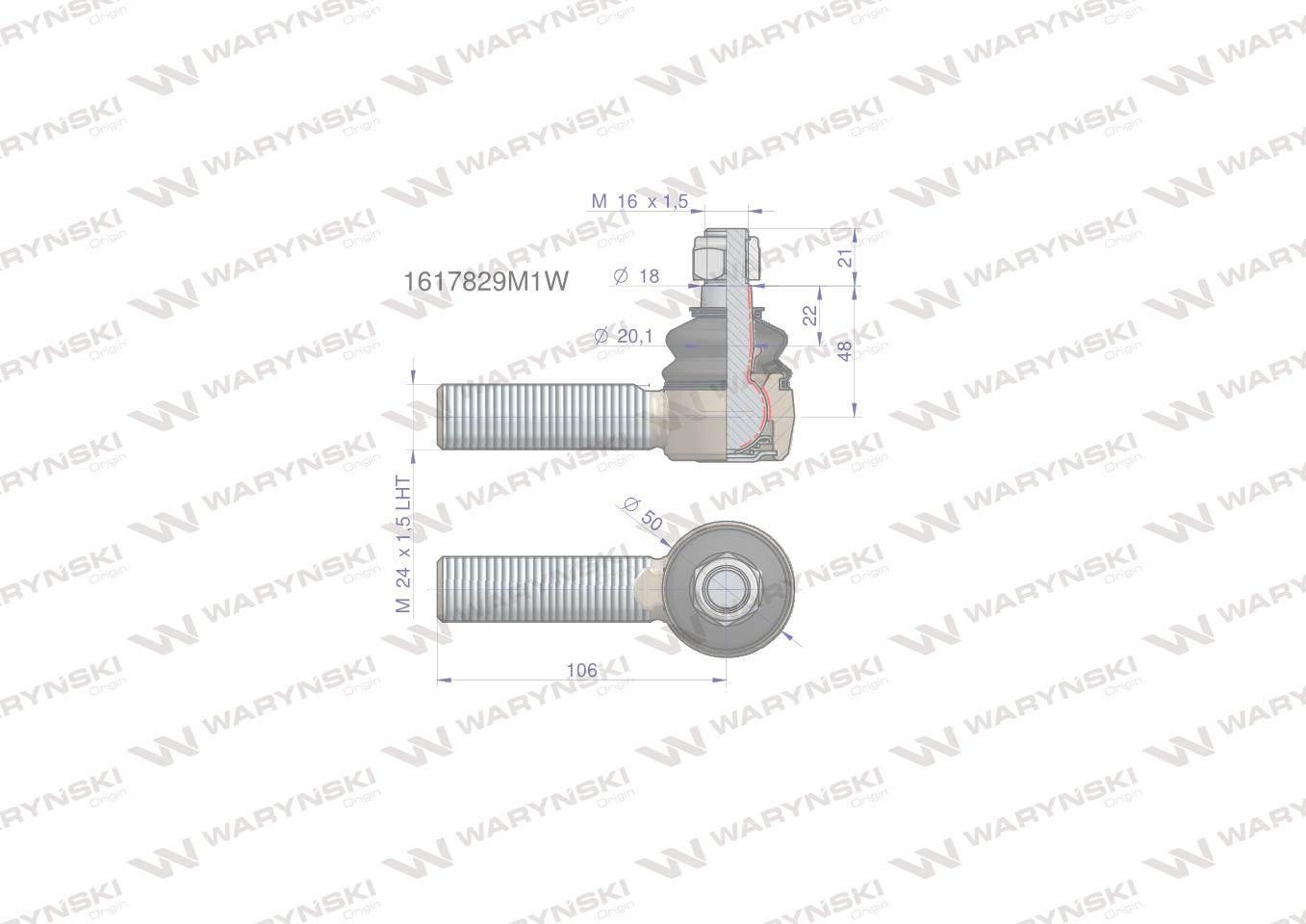 Przegub kierowniczy 106mm- M24x1,5 L 1617829M1 WARYŃSKI 1617829M1W - zdjęcie 2