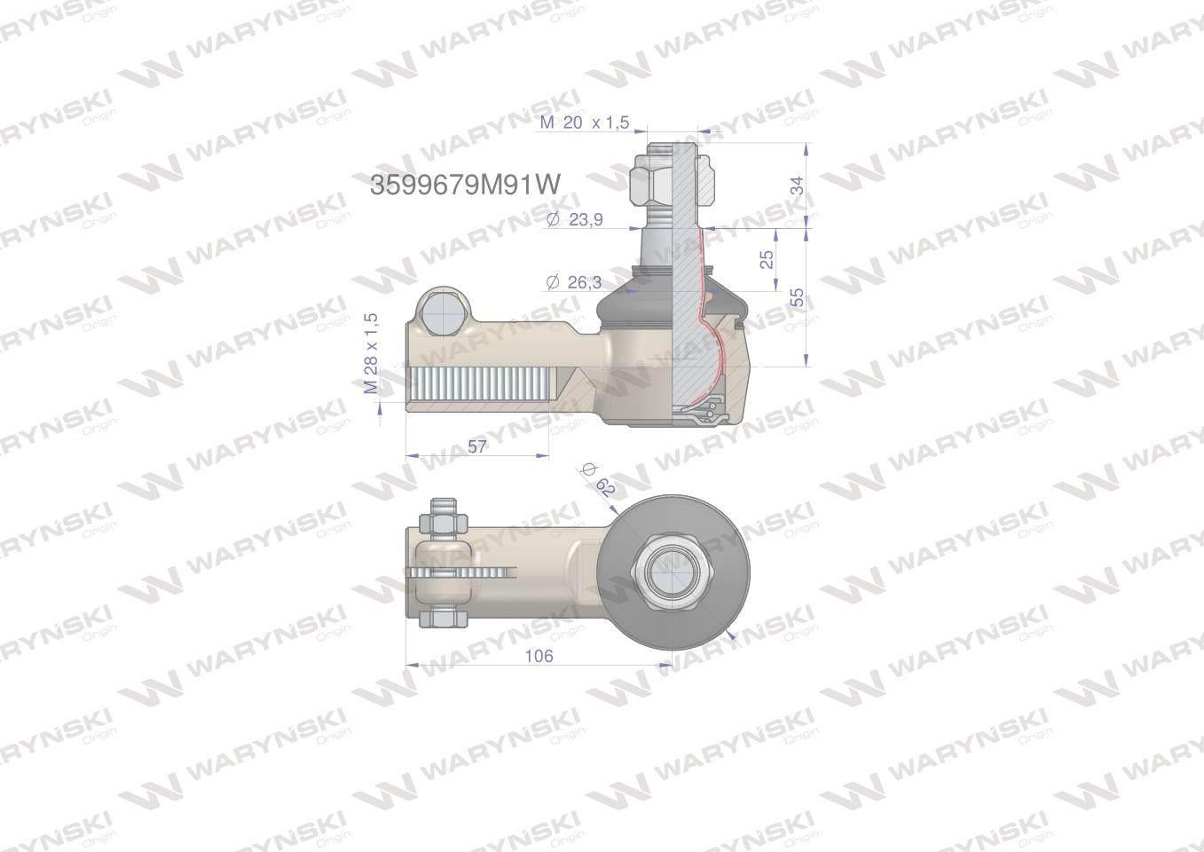 Przegub kierowniczy 106mm- M28x1,5 3599679M91 WARYŃSKI 3599679M91W - zdjęcie 2