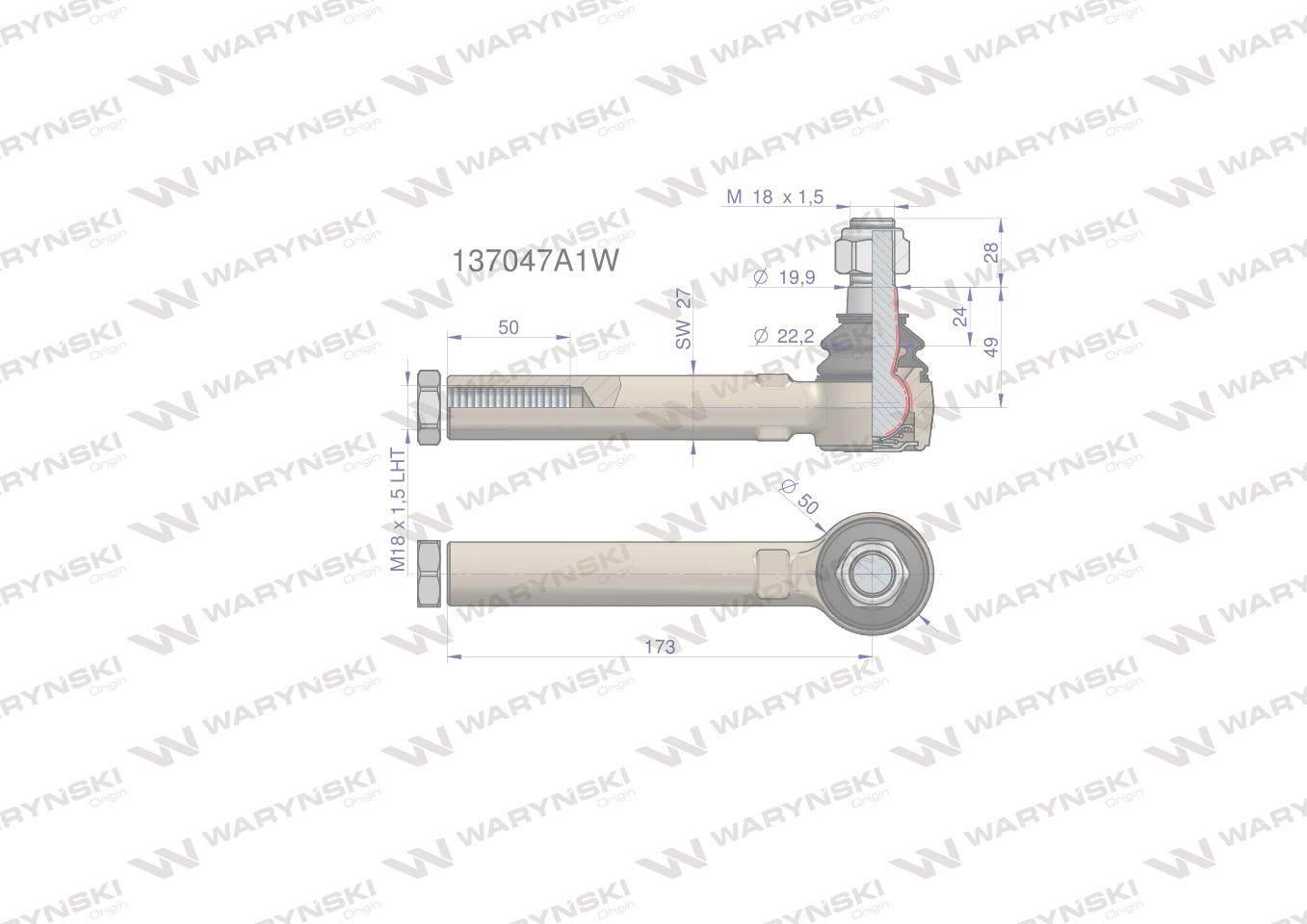 Przegub kierowniczy 173mm- M18x1,5L 137047A1 WARYŃSKI 137047A1W - zdjęcie 4