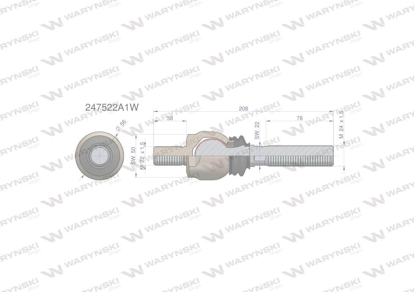Przegub kierowniczy 208mm- M22x1,5; M24x1,5 247522A1 WARYŃSKI 247522A1W - zdjęcie 2