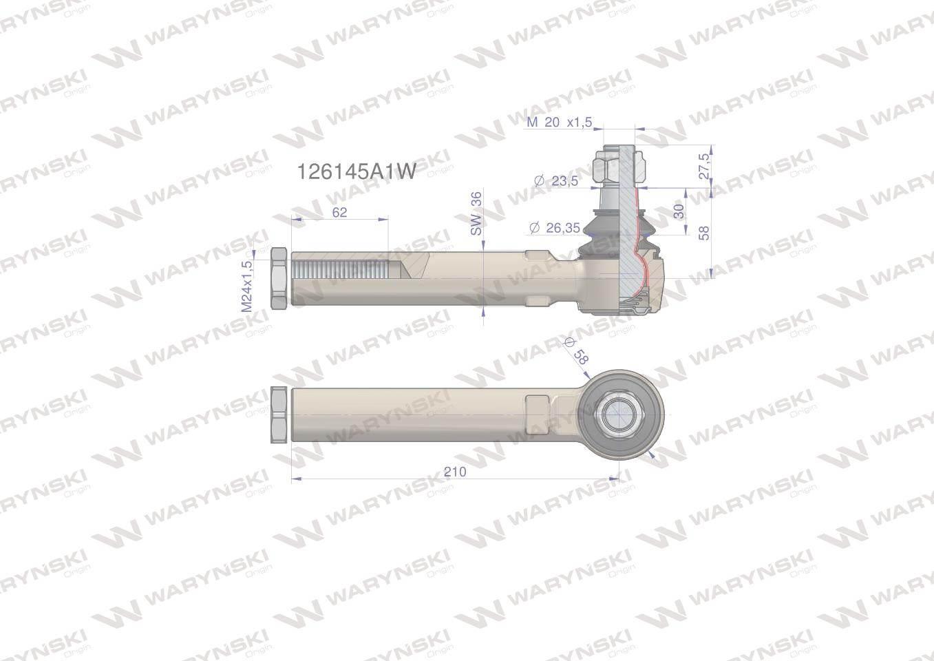 Przegub kierowniczy 210mm- M24x1,5 126145A1 WARYŃSKI 126145A1W - zdjęcie 4