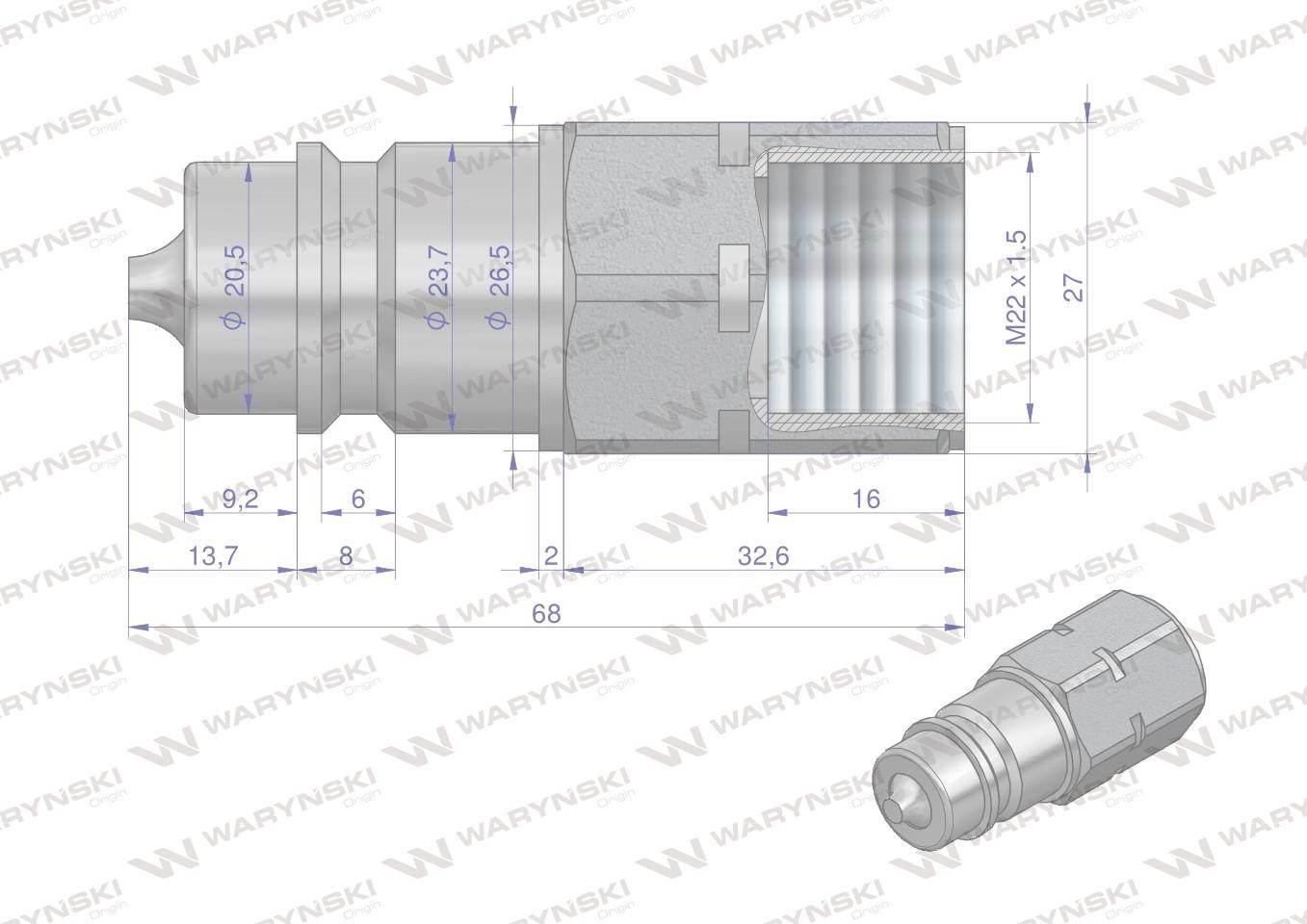 Szybkozłącze hydrauliczne wtyczka M22x1.5 gwint wewnętrzny EURO (ISO 7241-A - zdjęcie 2