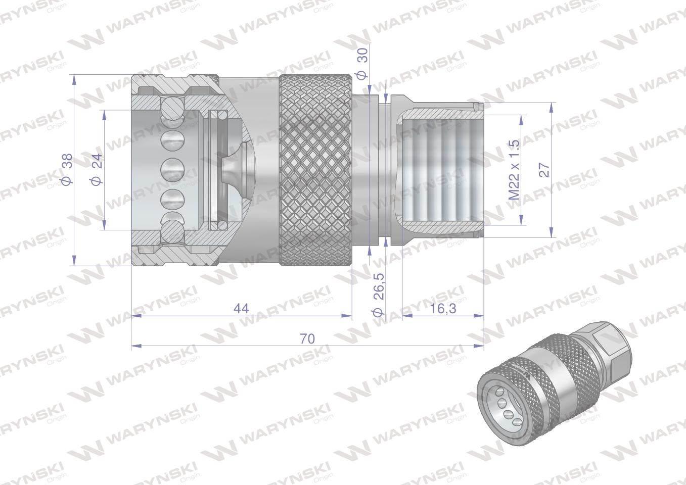 Szybkozłącze hydrauliczne gniazdo M22x1.5 gwint wewnętrzny EURO PUSH-PULL ( - zdjęcie 2