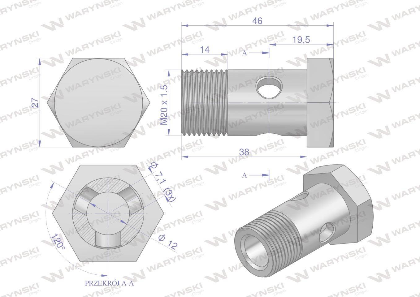 Śruba oczkowa przelewowa metryczna M20x1.5 Waryński 5szt W-SO-M20X1.5 - zdjęcie 2