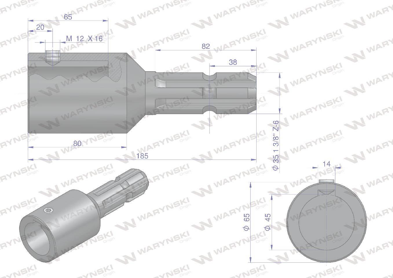 Redukcja adapter na wpust otwór wew. Q 45 mm na wałek 1 3/8 " 6 wpustów WAR - zdjęcie 4