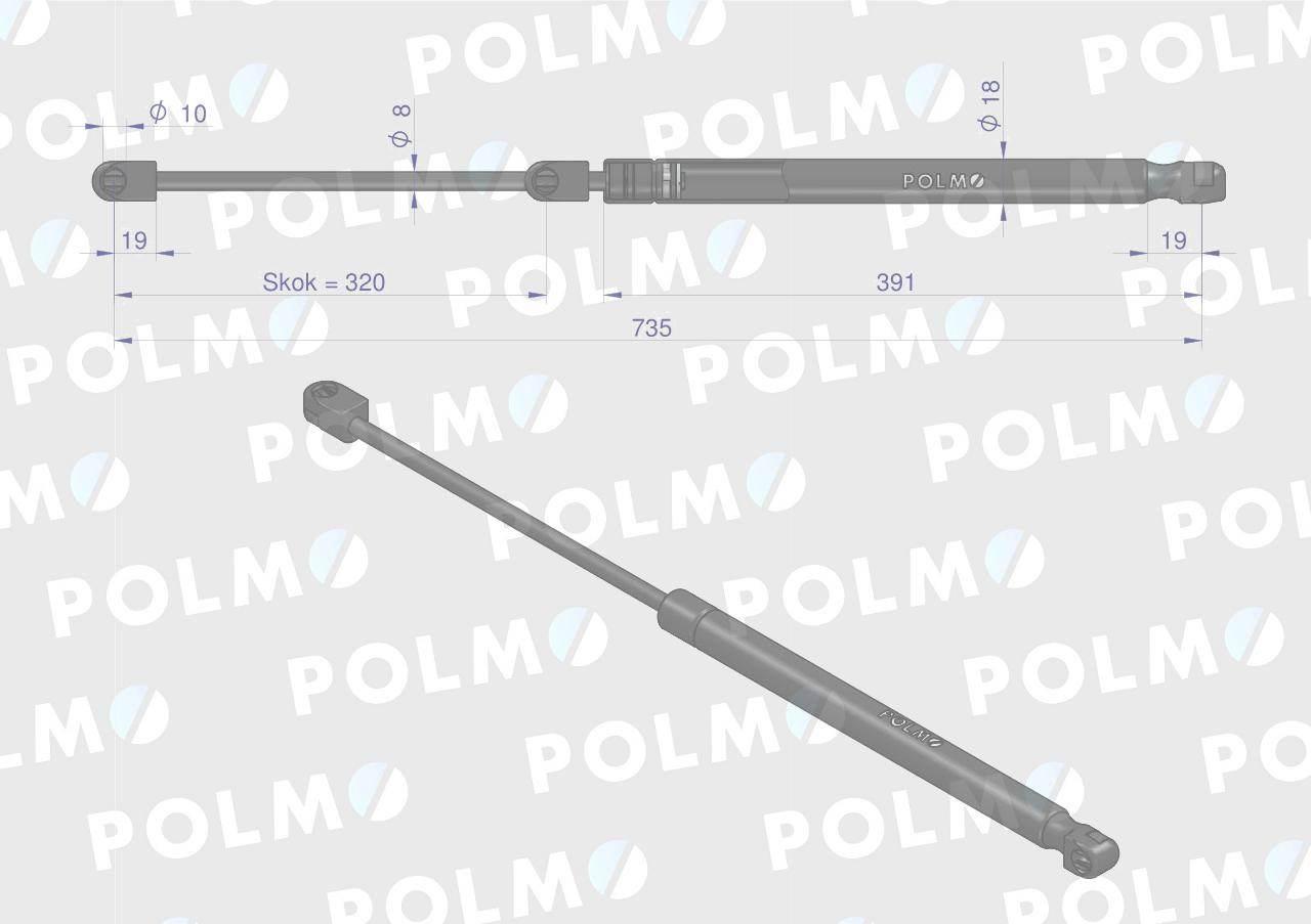 Siłownik szyby tylnej L max. 740mm AL66991P JOHN DEERE POLMO AL66991P - zdjęcie 2
