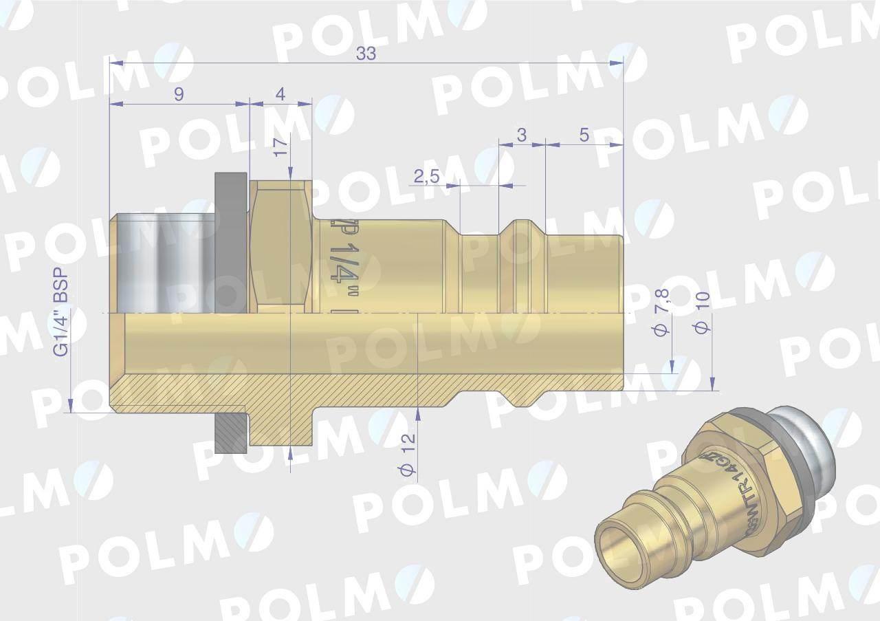 Szybkozłącze pneumatyczne P26 NW7.2 wtyczka 1/4"BSP gwint zewnętrzny POLMO - zdjęcie 2