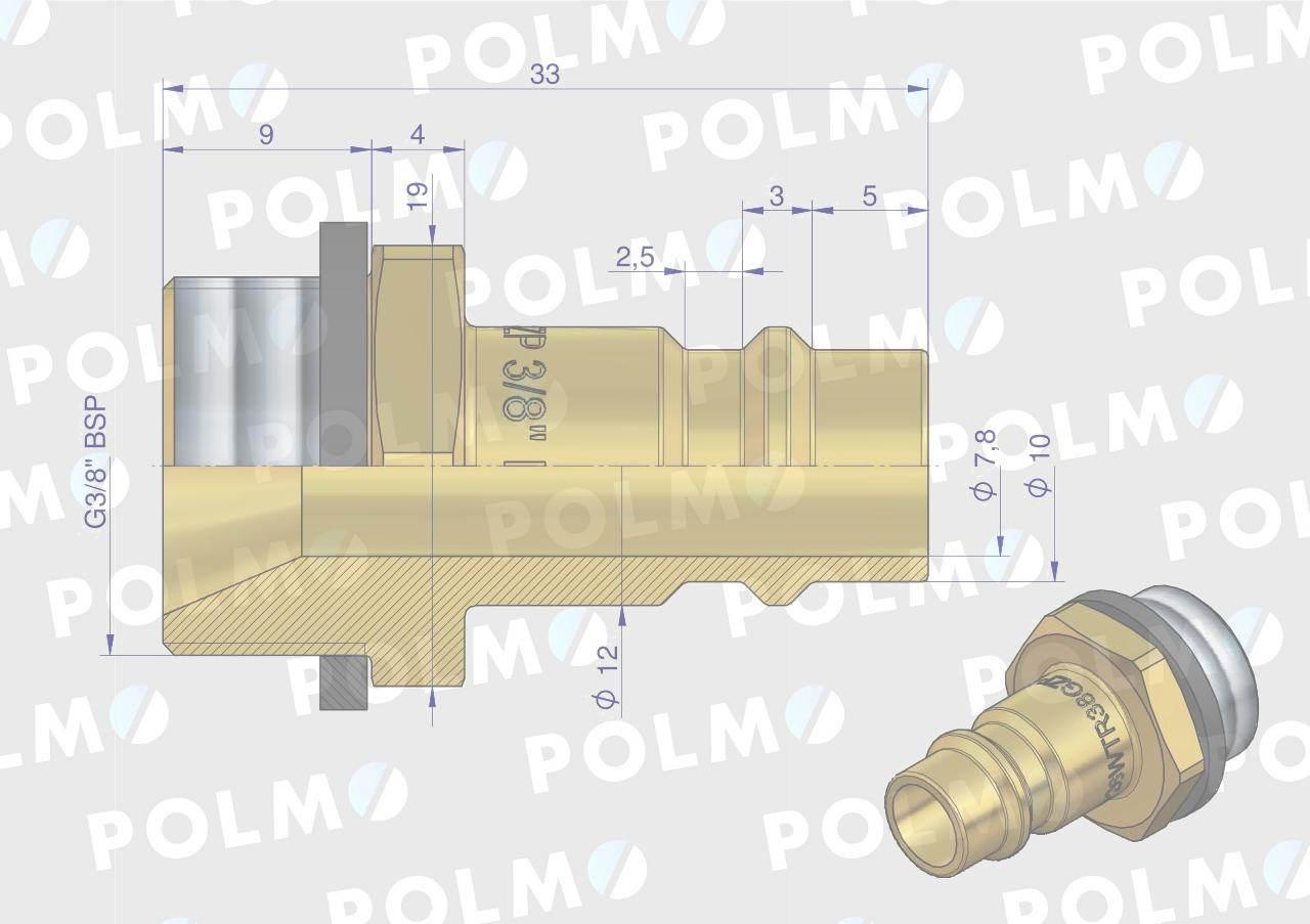 Szybkozłącze pneumatyczne P26 NW7.2 wtyczka 3/8"BSP gwint zewnętrzny POLMO - zdjęcie 2