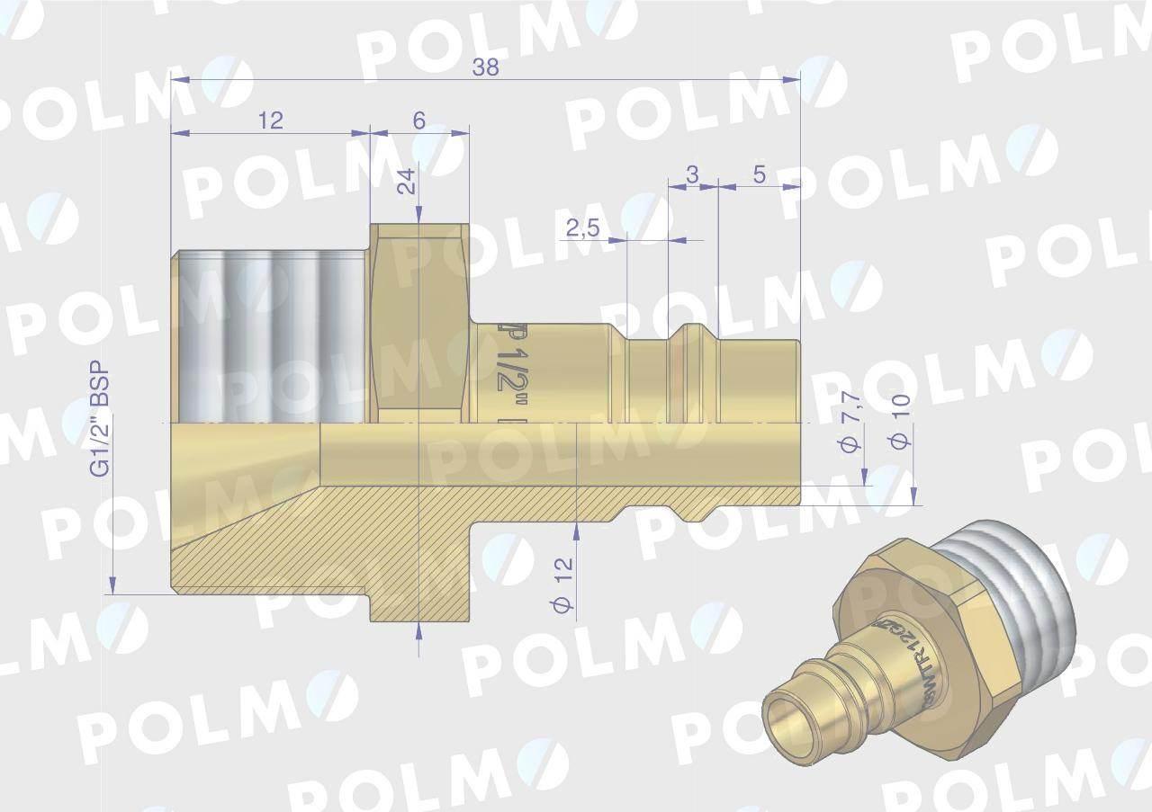Szybkozłącze pneumatyczne P26 NW7.2 wtyczka 1/2"BSP gwint zewnętrzny POLMO - zdjęcie 2