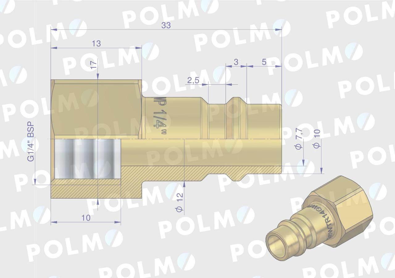 Szybkozłącze pneumatyczne P26 NW7.2 wtyczka 1/4"BSP gwint wewnętrzny POLMO - zdjęcie 2