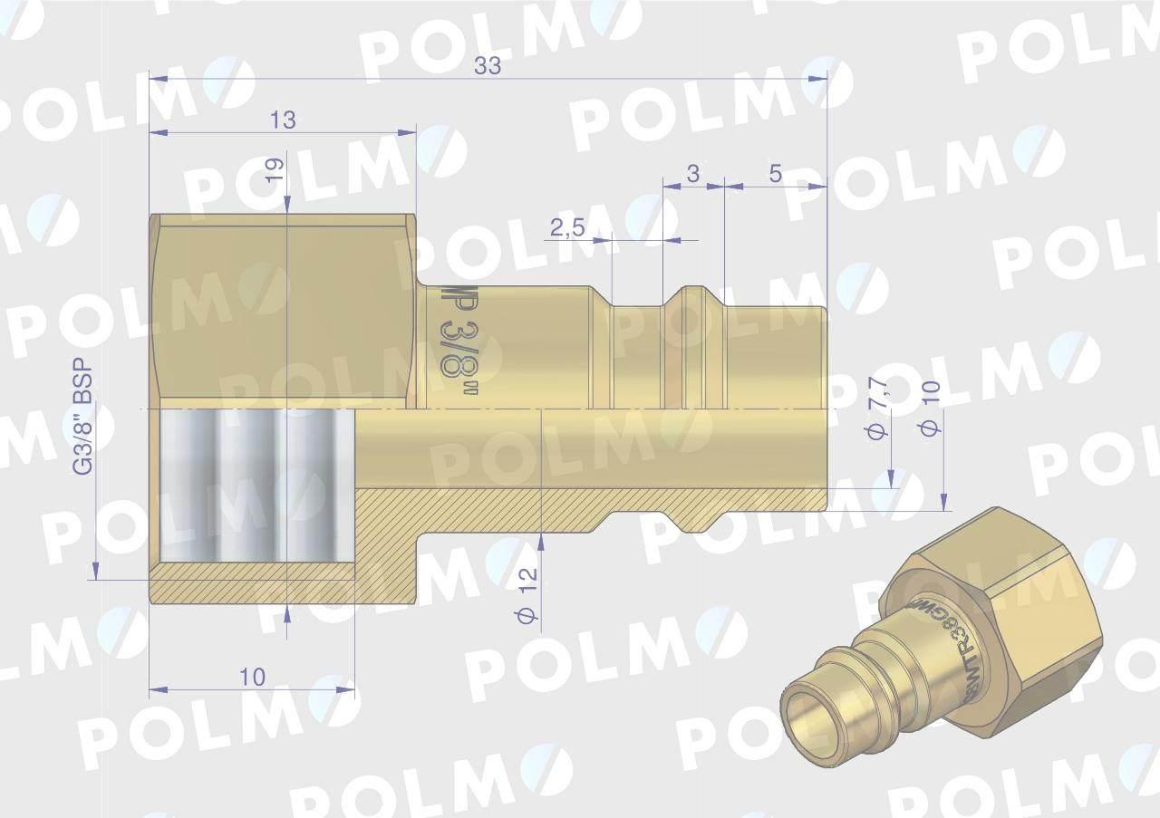 Szybkozłącze pneumatyczne P26 NW7.2 wtyczka 3/8"BSP gwint wewnętrzny POLMO - zdjęcie 2
