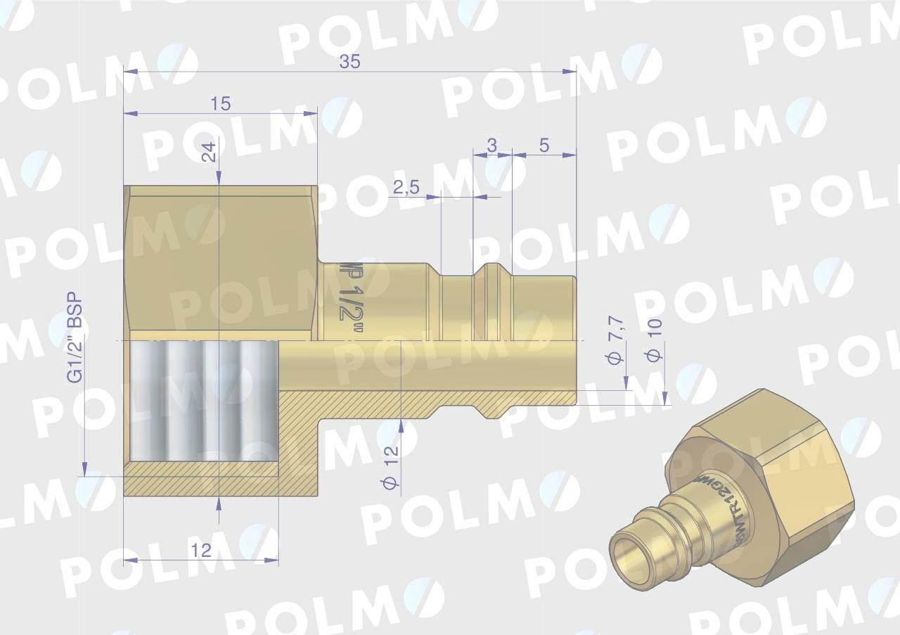 Szybkozłącze pneumatyczne P26 NW7.2 wtyczka 1/2"BSP gwint wewnętrzny POLMO - zdjęcie 2