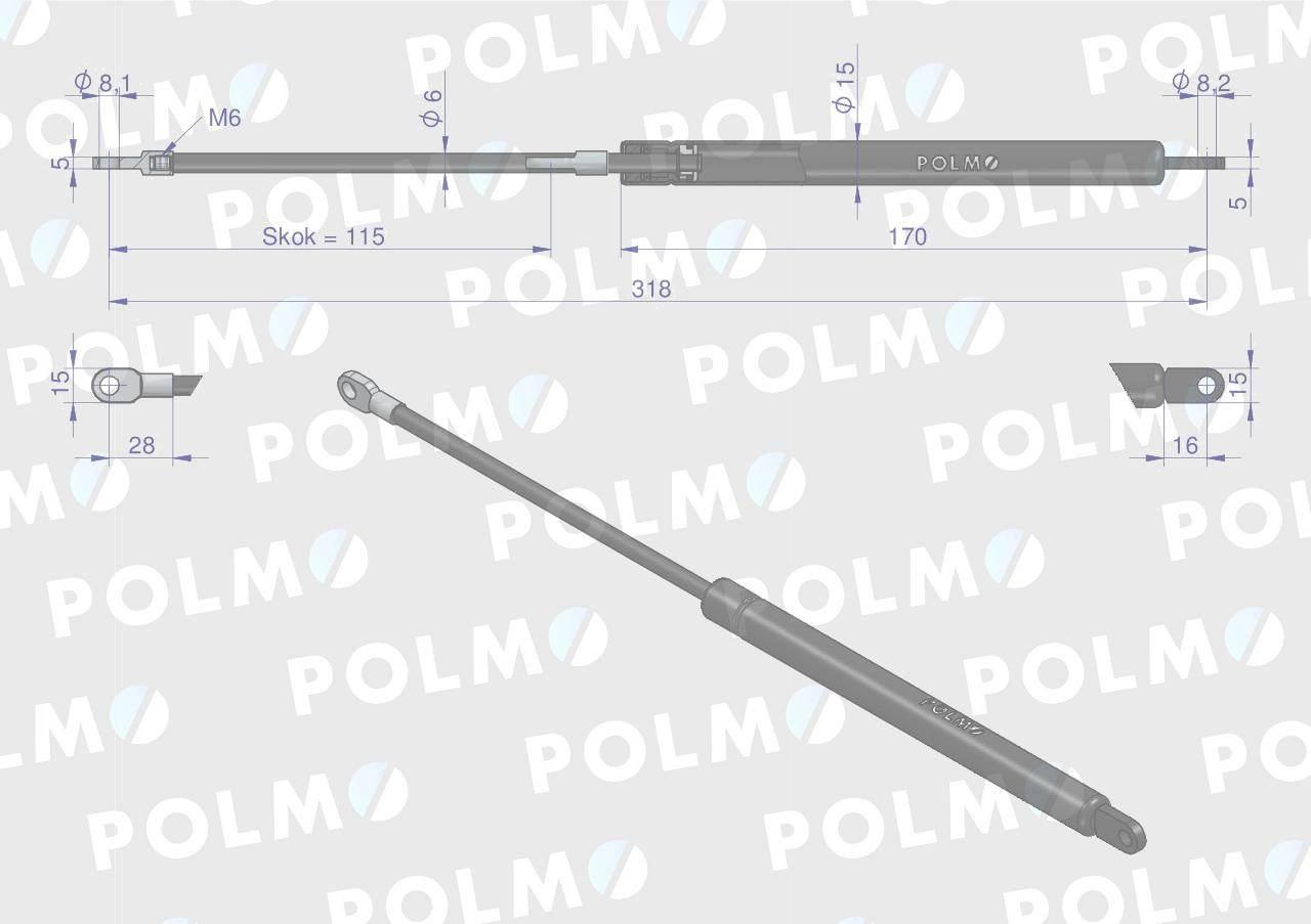 Siłownik drzwi L max. 318mm 65415026 MASSEY FERGUSON POLMO 3103254M1P - zdjęcie 2