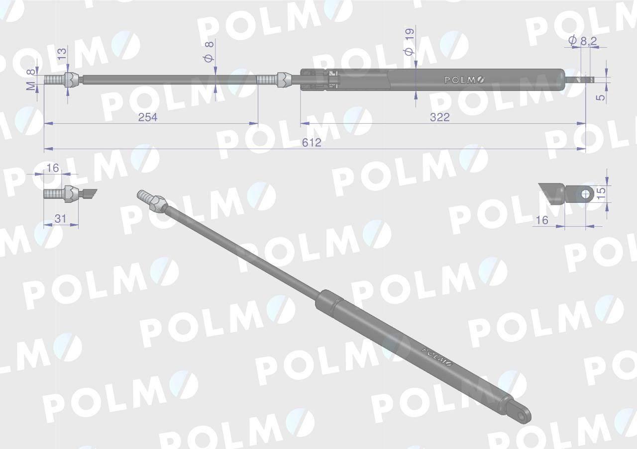 Siłownik szyby tylnej L max. 615mm 65421001 1-99-976-005 STEYR POLMO - zdjęcie 2