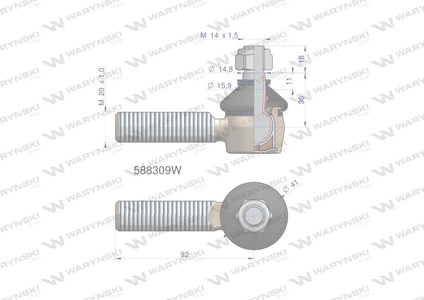 Przegub kierowniczy 92mm- M20x1,0 588309 WARYŃSKI 588309W - zdjęcie 4