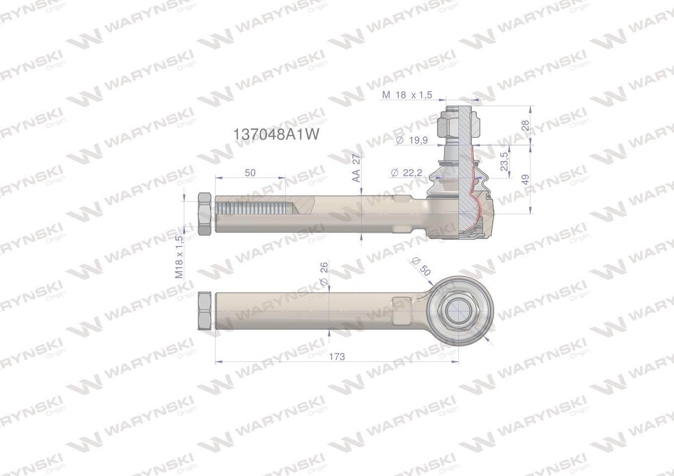 Przegub kierowniczy 173mm- M18x1,5 137048A1 WARYŃSKI 137048A1W - zdjęcie 2