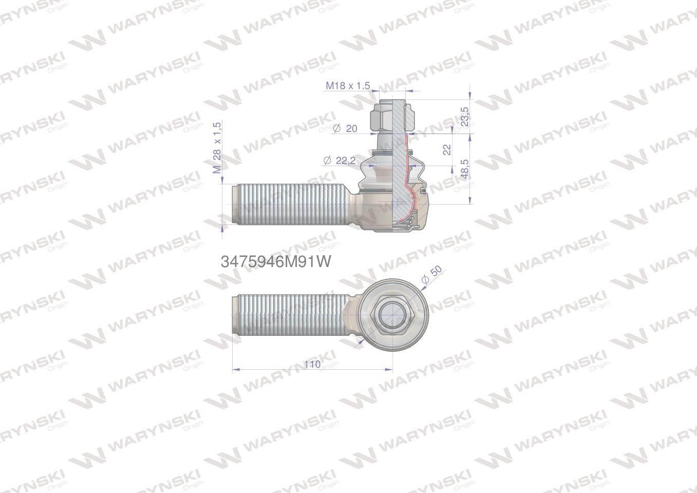 Przegub kierowniczy 110mm- M28x1,5 3475946M91 WARYŃSKI 3475946M91W - zdjęcie 2