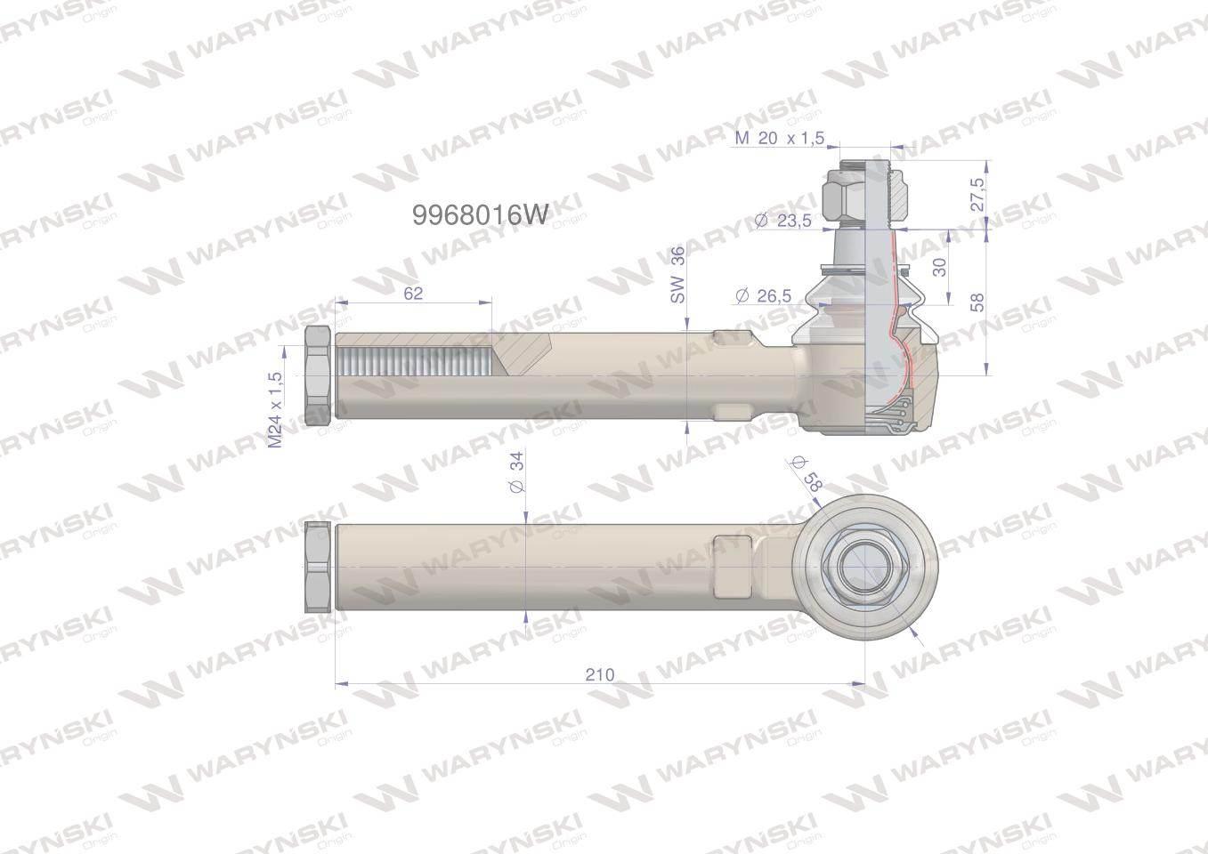 Przegub kierowniczy 210mm- M24x1,5 9968016 WARYŃSKI 9968016W - zdjęcie 2