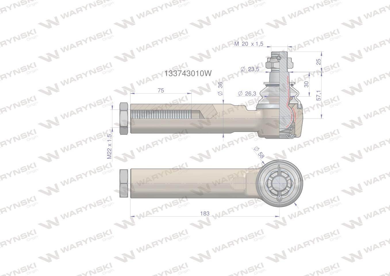Przegub kierowniczy 183mm- M22x1,5 133743010 WARYŃSKI 133743010W - zdjęcie 2