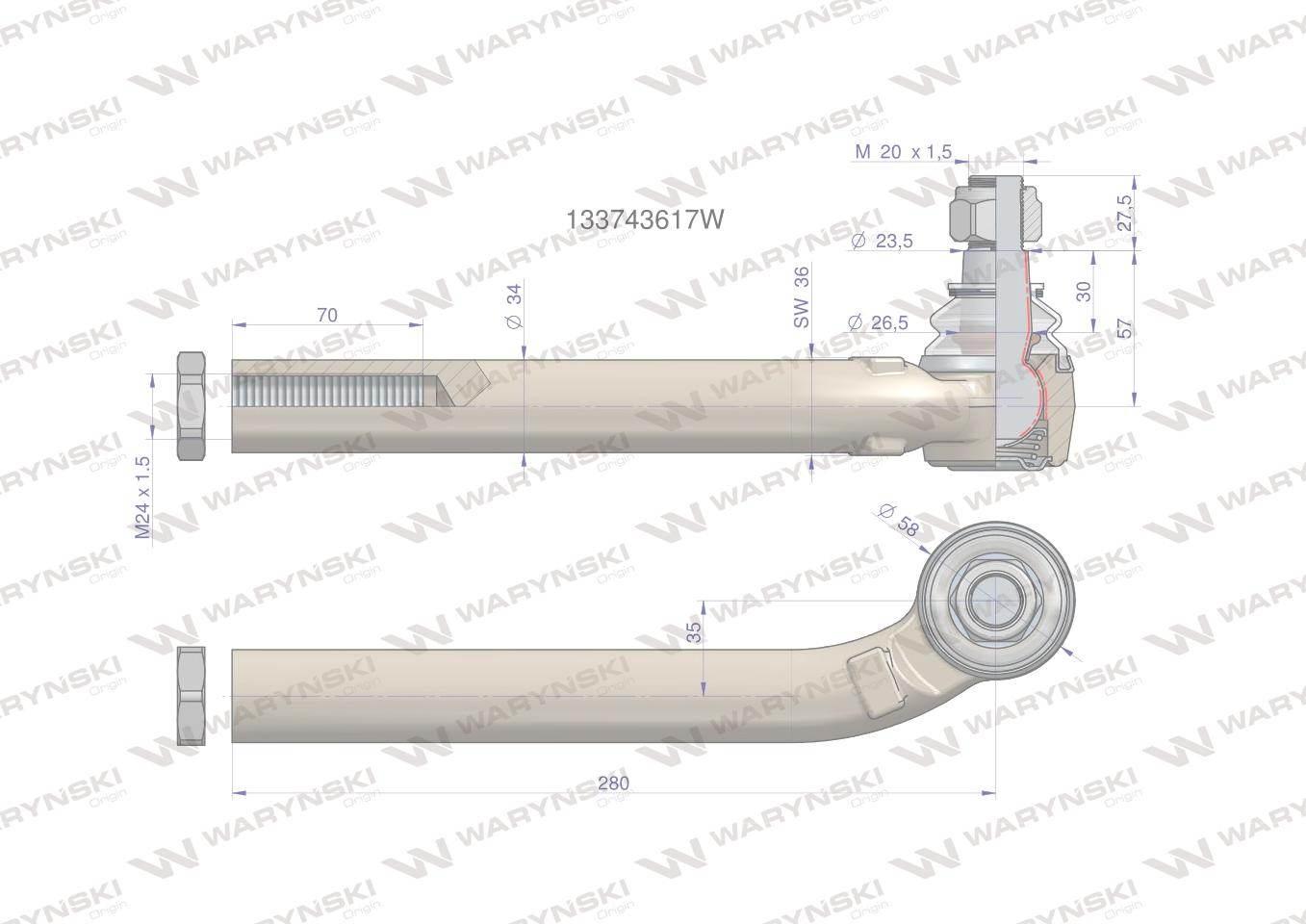 Przegub kierowniczy prawy 280mm- M24x1,5 133743617 WARYŃSKI 133743617W - zdjęcie 2
