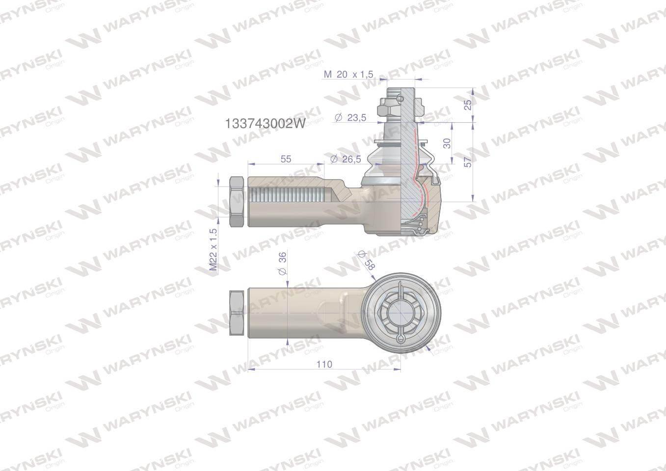 Przegub kierowniczy 110mm- M22x1,5 133743002 WARYŃSKI 133743002W - zdjęcie 2