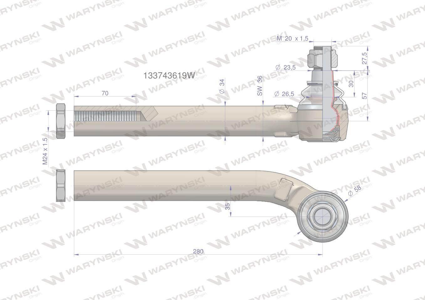 Przegub kierowniczy lewy 280mm- M24x1,5 133743619 WARYŃSKI 133743619W - zdjęcie 2