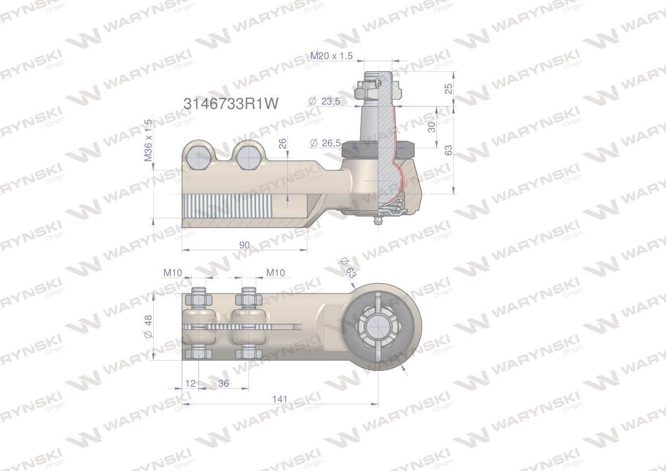 Przegub kierowniczy 141mm- M36x1,5 3146733R1 WARYŃSKI 3146733R1W - zdjęcie 2