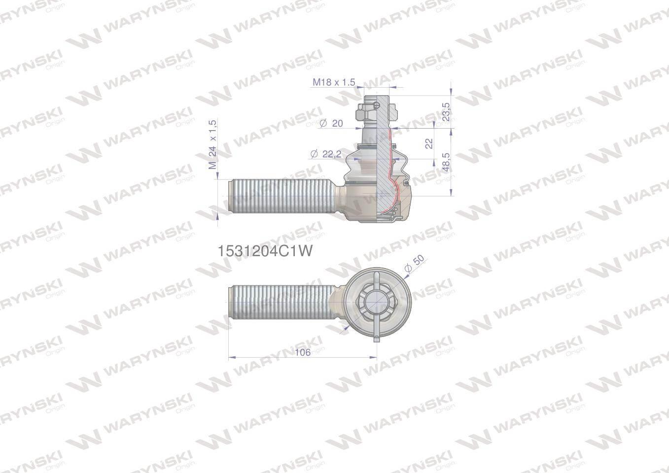 Przegub kierowniczy 106mm- M24x1,5 1531204C1 WARYŃSKI 1531204C1W - zdjęcie 2