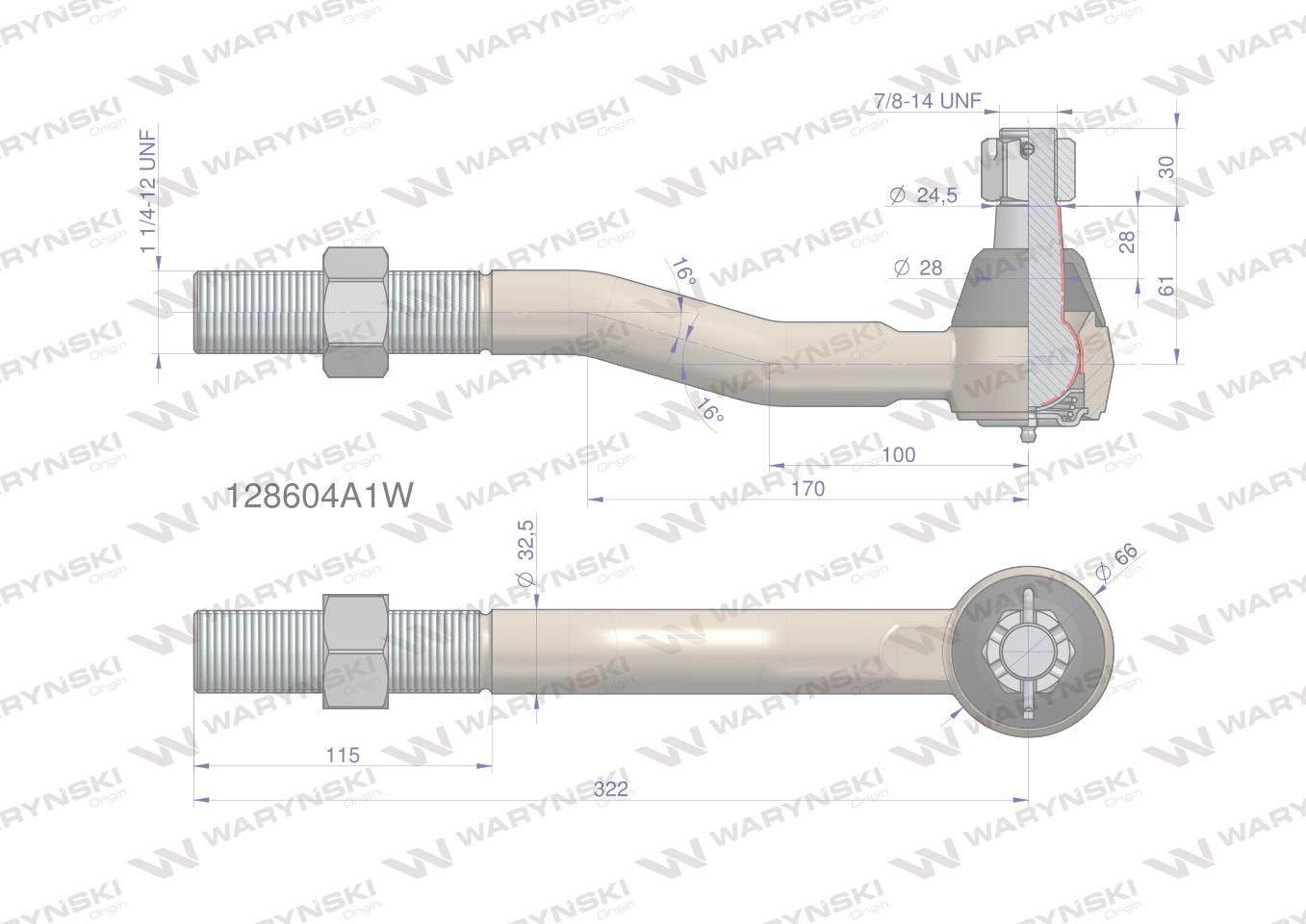 Przegub kierowniczy 322mm- 1 1/4-12 128604A1 WARYŃSKI 128604A1W - zdjęcie 2