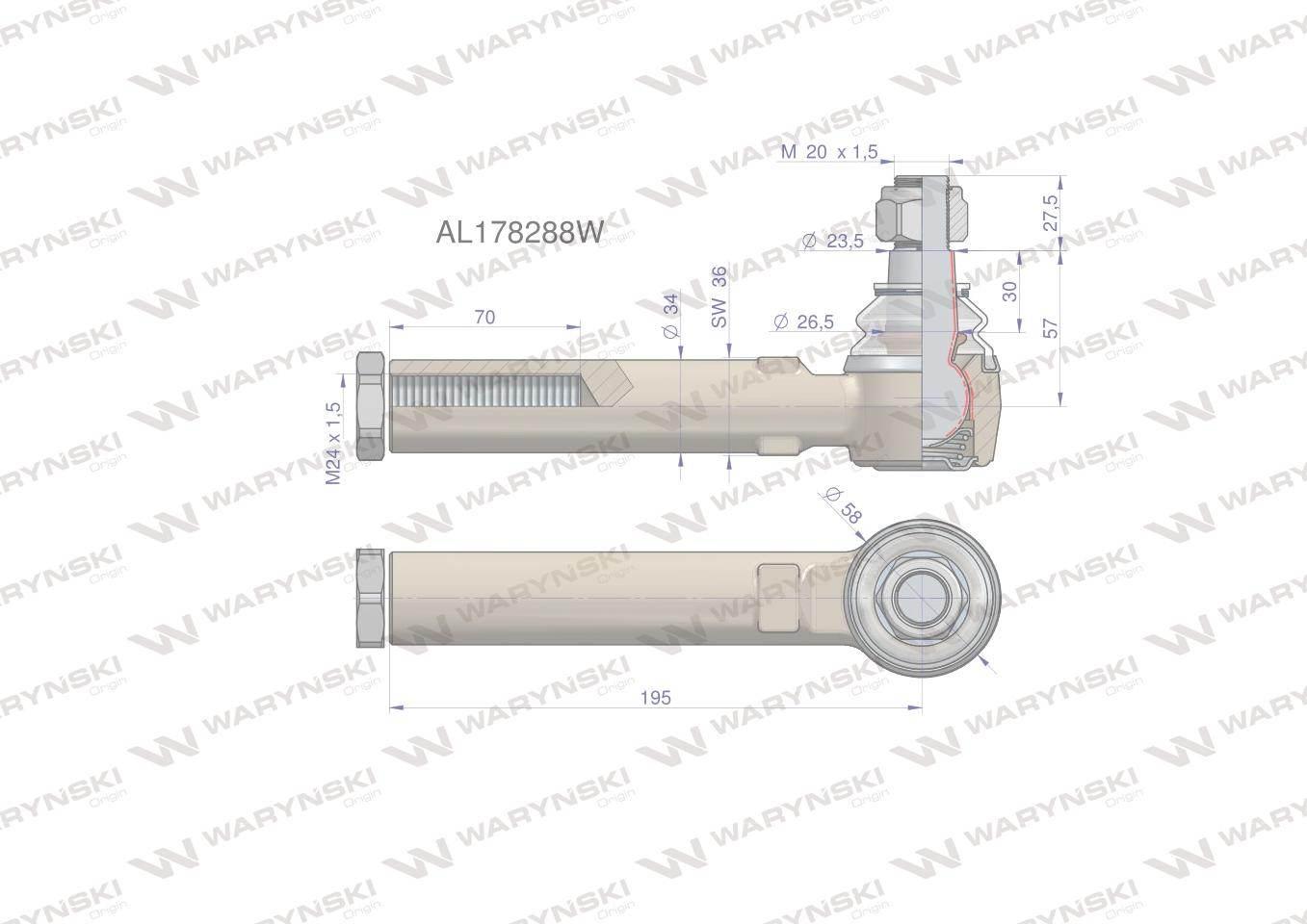 Przegub kierowniczy 195mm- M24x1,5 AL178288 WARYŃSKI AL178288W - zdjęcie 2